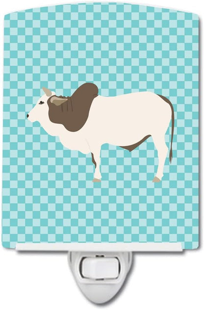 Caroline's Treasures BB8004CNL Malvi Cow Blue Check Ceramic Night Light Compact, UL-Certified, Ideal for Bedroom, Bathroom, Nursery, Hallway, Kitchen, 6x4x3, Multicolor