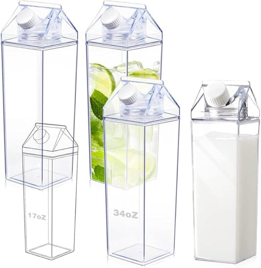 4 Pack Milk Carton Water Bottles 34oz/1000ml Leak Proof Plastic Water Bottle Reusable BPA Free Sports Water Bottle Carton Shaped Juice Milk Bottle for Gym Camping Hiking Travel Sports, Dishwasher Safe