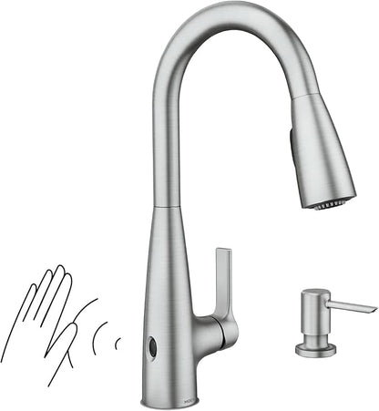 Moen Haelyn Spot Resist Stainless Touchless Single-Handle Pull-Down Sprayer Kitchen Faucet with Soap Dispenser, Features Power Clean for a Faster Wash, 87627EWSRS