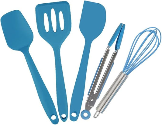 Mini Spatula And Mini Kitchen Utensil Set Small Five-Piece Set Tiny Silicone Kids Kitchen Tools Whisk Spatula Tongs Spoon And Slotted Spatula For Cooking(Kids Baking Supplies) Blue
