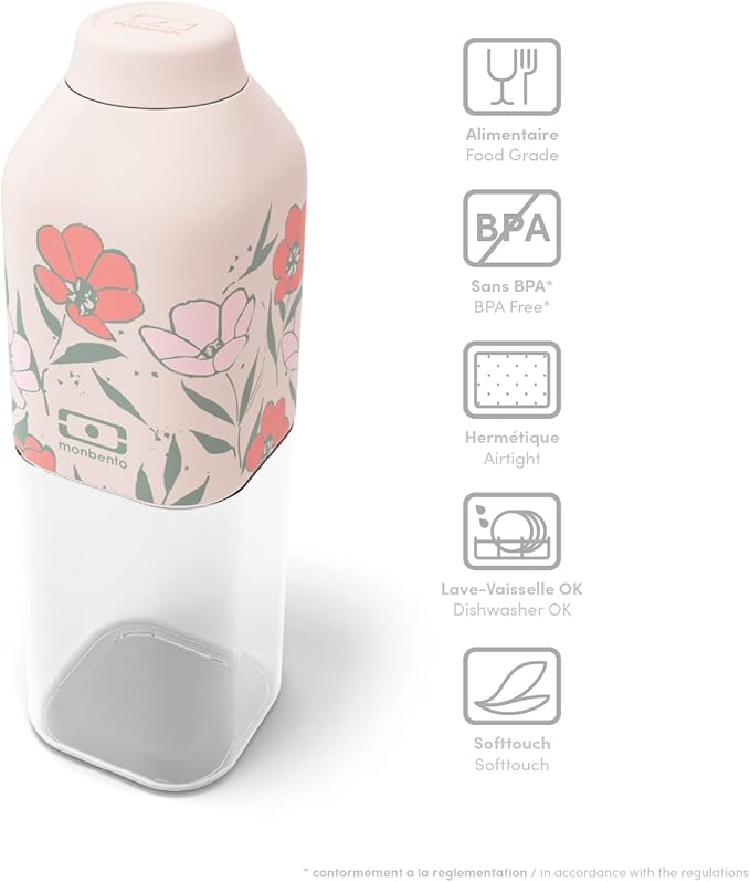monbento - Water Bottle MB Positive M Bloom 17 Oz - Leakproof Water Bottle Perfect for Work, Travel, Sport, or to Slip into a Handbag - BPA Free - Food Grade Safe - Flowers Pattern - Pink