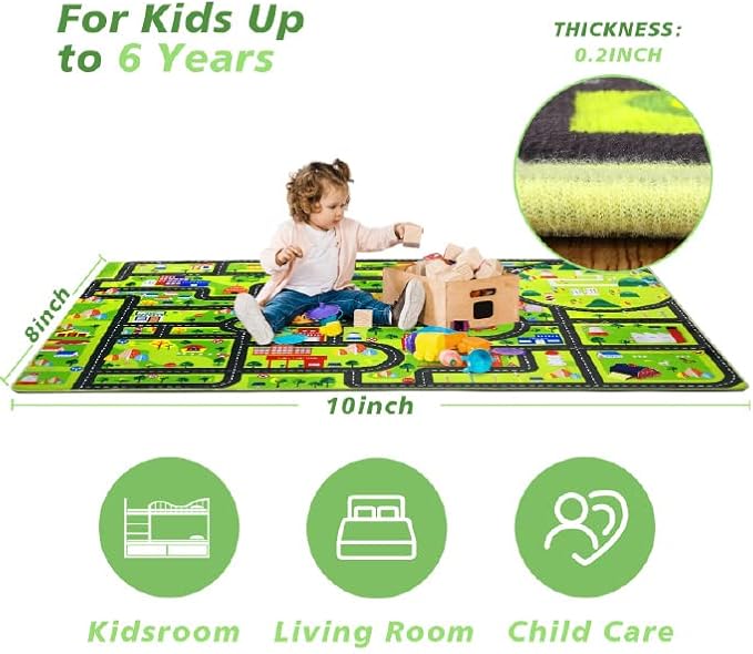 Kids Playmat Car Rug Educational Car Rugs Large City Life Play Mat for Bedroom Play Room Round Rug Non Slip Kids Foam Rug Playtime Activity Mat for Toddler Baby Boys and Girls 4 x 4