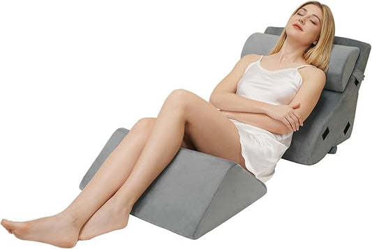 4pcs Wedge Pillow Headboard Set. Comfortable Sleep and Rest Relieves Back and Leg Pain, Aids in Acid and Gastro-Oesophageal Reflux Relief, Reduces Snoring - Grey