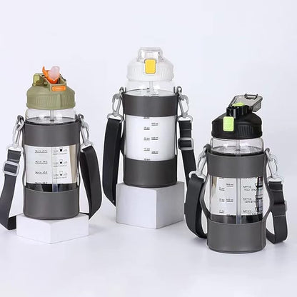 48oz Borosilicate Glass Water Bottle with Straw and Time Marker, Large Sport Water Jug with Adjustable Strap for Men Women (White)