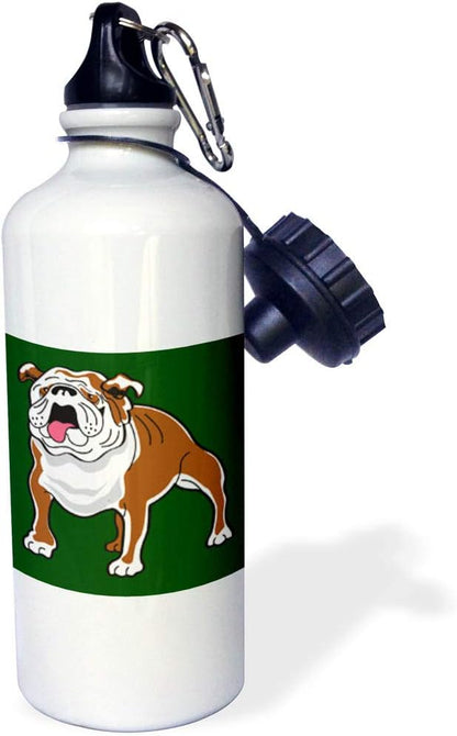 3dRose "Retro Style Animal Pet Dog Realistic Brown And Bulldog Cartoon Dark Green Background" Sports Water Bottle, 21 oz, White