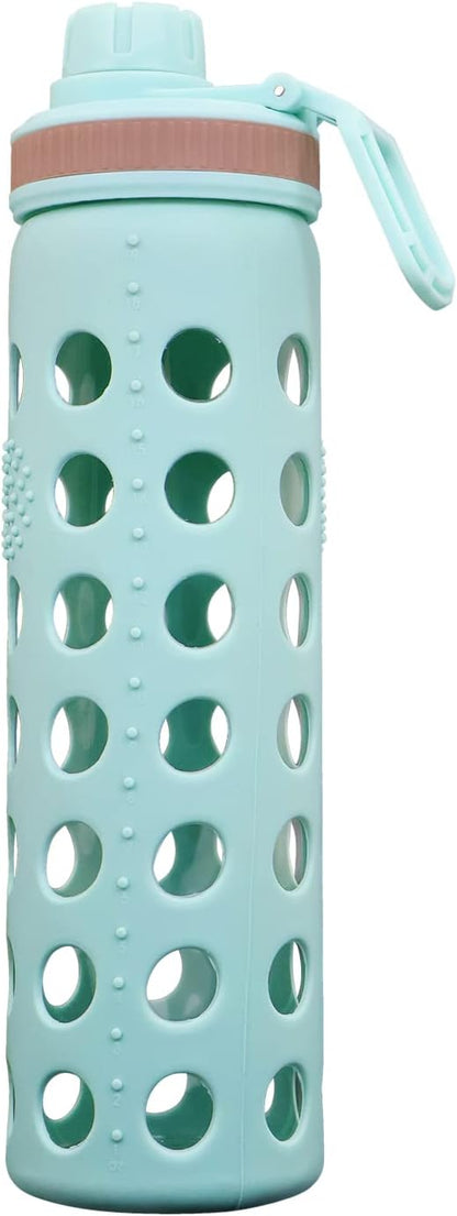 Modern-Depo 20oz Clear Glass Water Bottles Extra Lid Odor Proof and Stain Resistant Wide Mouth Reusable Fitness Sports Bottle with Sleeve, Motivational Water Jug, Blue