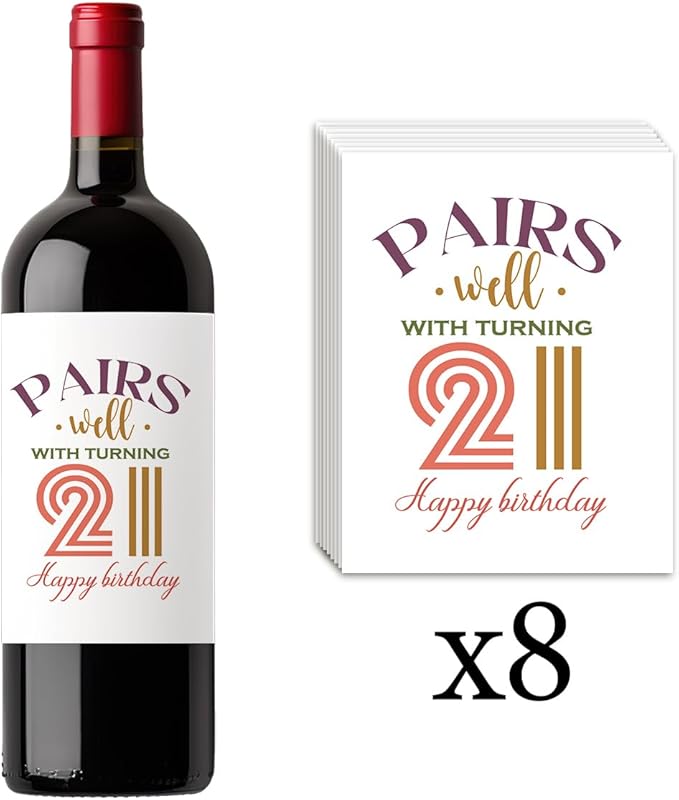 8 Pcs 21st Birthday Gifts for Her Him Wine Labels, Happy 21st Birthday Party Decorations for Her Him Wine Bottle Labels, 21 Year Old Birthday Gifts for Her Women Men Wine Bottle Stickers