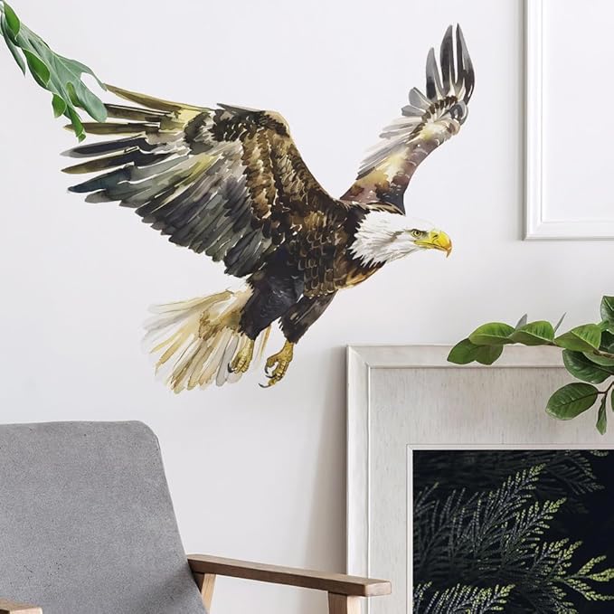 2 PCS Large Eagle Wall Decal Watercolor Flying Bald Eagle Wall Stickers Peel and Stick Removable Animal Wall Art Sticker for Living Room Kids Bedroom Classroom Office Decor