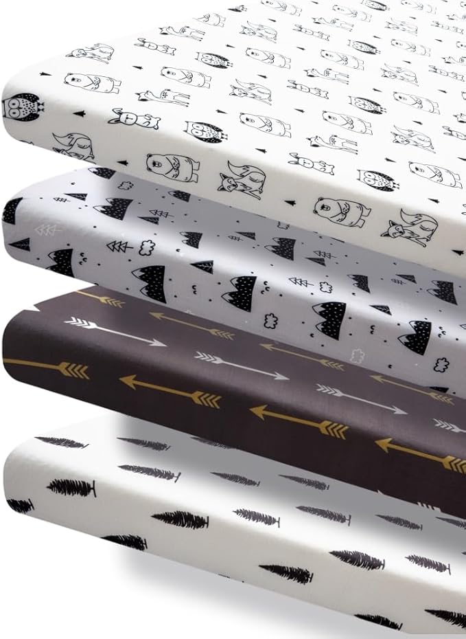 4 Pack N Play Sheets Woodland Forest Animals Wood Neutral Unisex Fitted Baby N Play Sheets Fitted for Standard Pack and Plays and Mini Cribs Set for Baby Boys or Girls