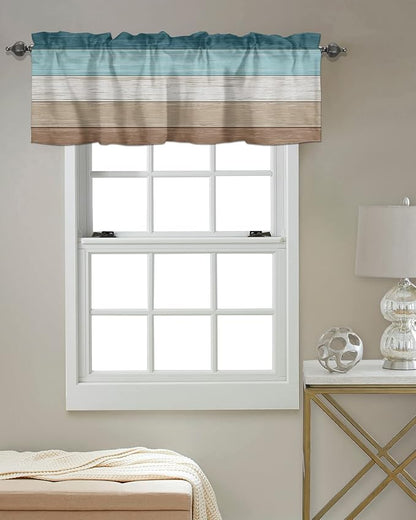 Farmhouse Kitchen Curtains Valances for Windows ,Teal Blue Brown Beach Rod Pocket Country Window Treatment for Kitchen /Living Room/Bedroom/ Bathroom,42" X 18" -1 Panel, Retro Rustic Barn Wood Texture