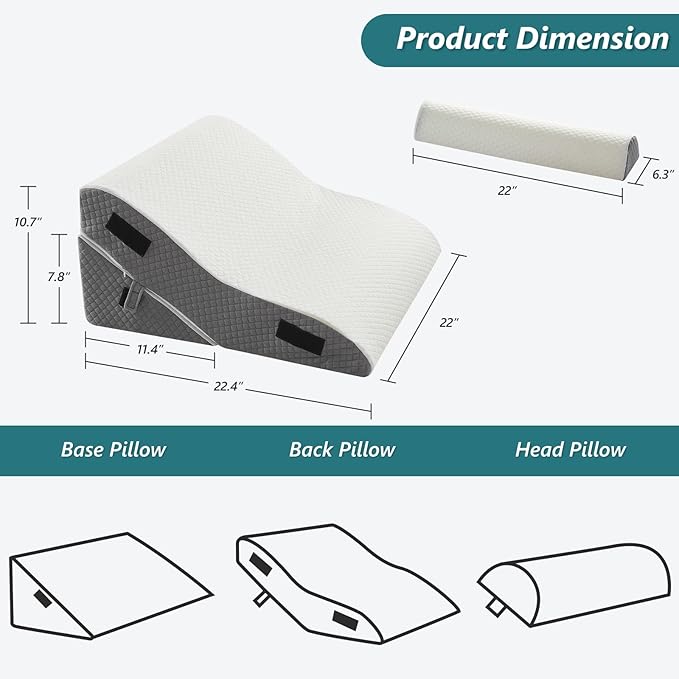 3 PCS Upgraded Bed Wedge Pillow for Sleeping - 35D Post Surgery Pillow for Back Leg Pain Relief - 22" Wide Adjustable Triangle Wedge Pillow Set for Acid Reflux & GERD & Snoring(white grey)