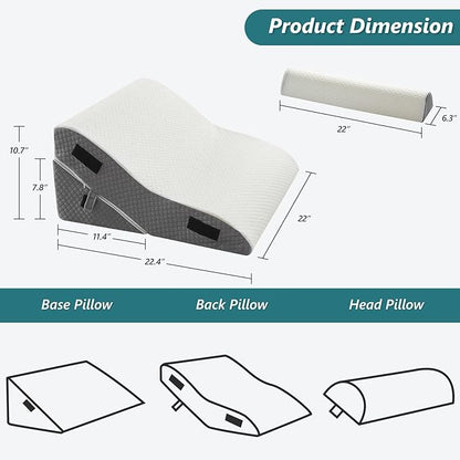 3 PCS Upgraded Bed Wedge Pillow for Sleeping - 35D Post Surgery Pillow for Back Leg Pain Relief - 22" Wide Adjustable Triangle Wedge Pillow Set for Acid Reflux & GERD & Snoring(white grey)