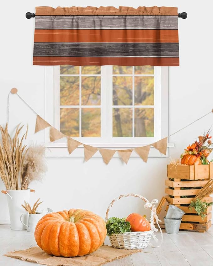 Farmhouse Kitchen Curtains Thanksgiving Fall Valances for Windows Burnt Orange Gray Rod Pocket Country Window Treatment for Kitchen /Living Room/Bedroom/ Bath,54" X 18" -1 Panel, Rustic Wood Texture