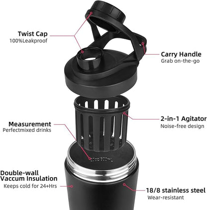 24 oz Shaker Bottle,Stainless Steel Shaker Bottle with Noise-Free Design,Insulated Metal Shakers Bottles Cup for Protein Mixes and Pre Workout,Gym Shaker Bottle(Black)