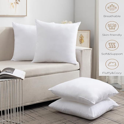 Pack of 4 Throw Pillow Inserts, 18 x 18 Square Cushion Inner Soft Fluffy Plump Stuffer Cushion Pads White Decorative Pillow Inserts (18x18 Inch (Pack of 4))