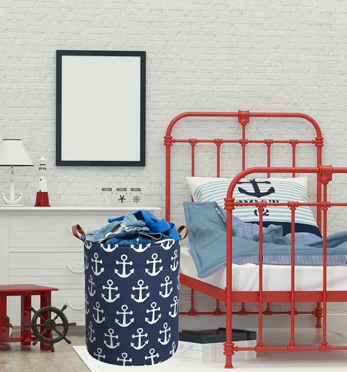 Kids Hamper,Collapsible Laundry Baskets,Waterproof Storage Baskets with Leather Handle,Nautical Decor,Toy Organizer (Navy Blue Anchor)
