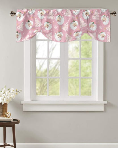 Pink Christmas Blackout Tie Up Valance Curtains for Kitchen Windows Santa Claus Merry Christmas Tree Window Toppers Balloon Shades for Living Room/Bathroom/Bedroom,1 Panel, 42" X 12", Winter Snowflake