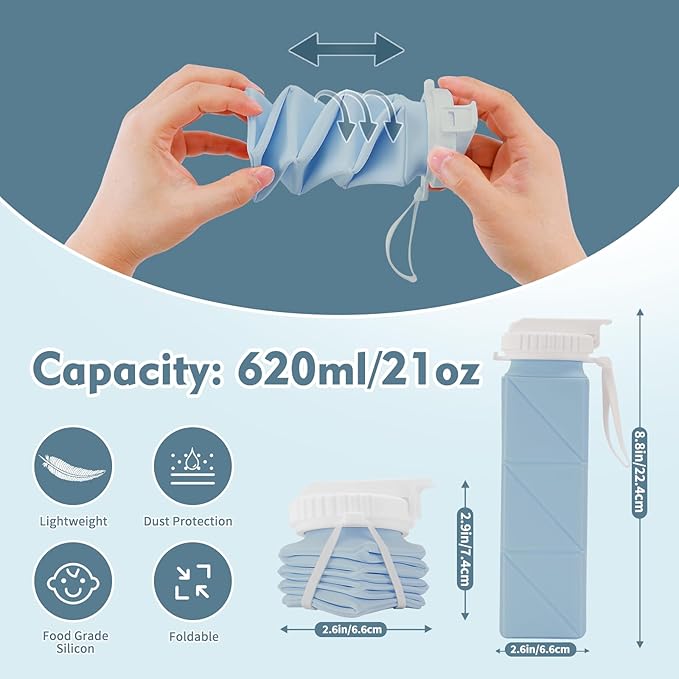 20 oz Water Bottle Collapsible | BPA Free Leakproof Lightweight Foldable Silicon Water Bottles | Twistable Water Cup | for Travel Gym Hiking Outdoor Camping Running Cycling Sports (Blue)