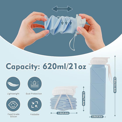 20 oz Water Bottle Collapsible | BPA Free Leakproof Lightweight Foldable Silicon Water Bottles | Twistable Water Cup | for Travel Gym Hiking Outdoor Camping Running Cycling Sports (Blue)