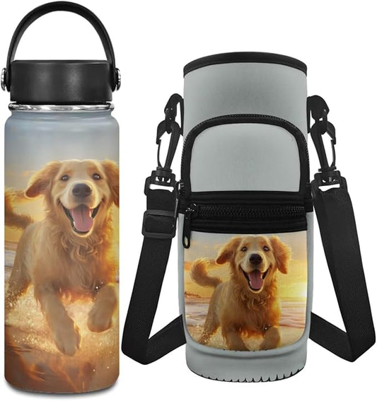 Golden Retriever Water Bottle Kids 8-10/10-12 Stainless Steel Water Bottle 18 OZ Water Bottle Carrier Bag with Phone Pocket Set with Shoulder Strap