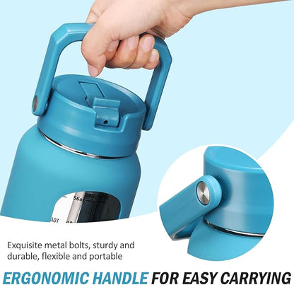 64 oz Glass Water Bottle with Straw and 2 Lids, Half Gallon Water Bottle with Sleeve, Large Insulated 2 Liter Glass Water Jug Time Marker with Handle - Steel Blue