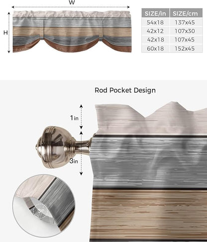 Farmhouse Fall Blackout Tie Up Valance Curtains for Kitchen Windows, Brown Grey Window Toppers Balloon Shades for Living Room/Bathroom/Bedroom,1 Panel,60" X 18" Retro Rustic Barn Wood Texture