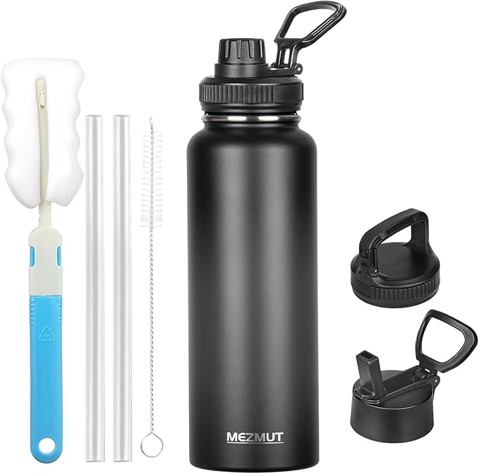 MEZMUT Insulated Water Bottle with Straw&3 Lids 40oz Stainless Steel Water Bottles Sports Metal Water Bottle Double Walled Vacuum Insulated Bottles Thermos Leak-Proof Travel Thermal (Black)