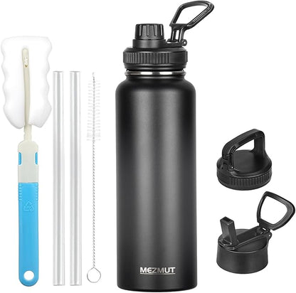 MEZMUT Insulated Water Bottle with Straw&3 Lids 40oz Stainless Steel Water Bottles Sports Metal Water Bottle Double Walled Vacuum Insulated Bottles Thermos Leak-Proof Travel Thermal (Black)