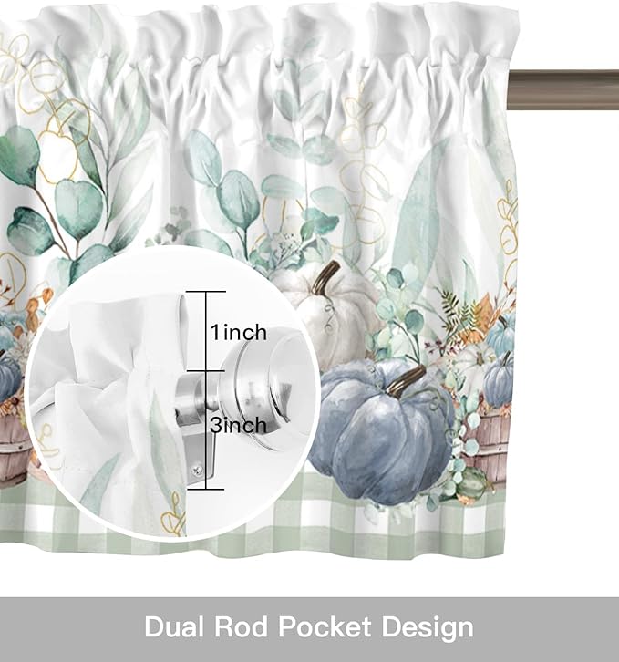 Fall Thanksgiving Kitchen Curtains Valances for Windows Navy Blue Pumpkins Green Eucalyptus Leaves Rod Pocket Window Treatment for Kitchen /Living Room/Bedroom/ Bathroom 60" X 18",Sage Farmhouse Plaid