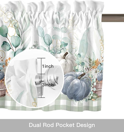 Fall Thanksgiving Kitchen Curtains Valances for Windows Navy Blue Pumpkins Green Eucalyptus Leaves Rod Pocket Window Treatment for Kitchen /Living Room/Bedroom/ Bathroom 60" X 18",Sage Farmhouse Plaid