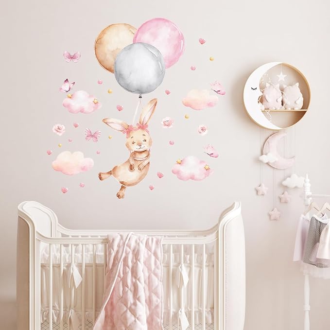 Bunny Air Balloon Animals Wall Decals Pink Heart Cloud Nursery Wall Stickers Baby Girls Room Wall Decor