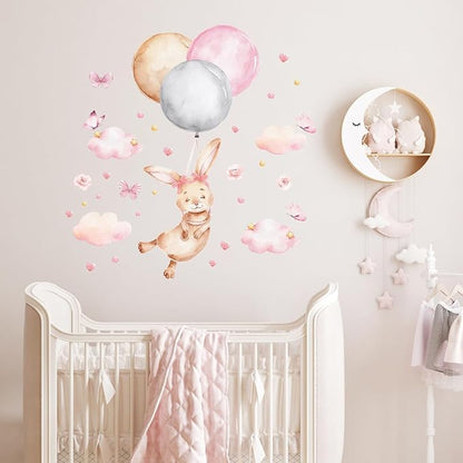 Bunny Air Balloon Animals Wall Decals Pink Heart Cloud Nursery Wall Stickers Baby Girls Room Wall Decor