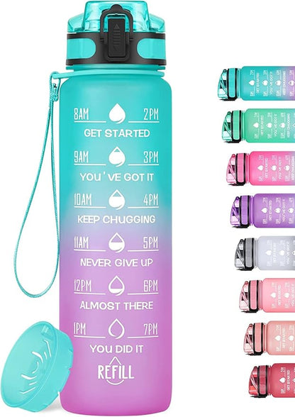 32oz Motivational Water Bottle with Time Marker & Fruit Strainer, Leak-proof BPA Free Non-Toxic 1l Bottle with Carrying Strap, Perfect for Fitness, Gym and Outdoor Sports (Ombre: Mermaid)