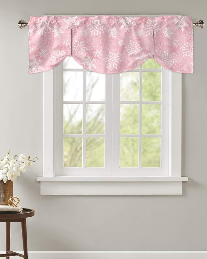 Christmas Blackout Tie Up Valance Curtains for Kitchen Windows Pink White Snowflakes Pattern Window Toppers Balloon Shades for Living Room/Bathroom/Bedroom,1 Panel, 42" X 12", Winter