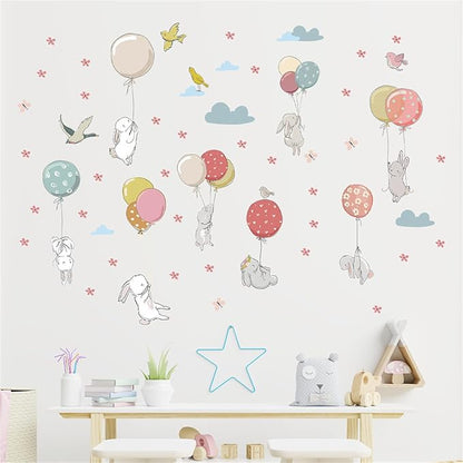 Colorful Balloon Cute Rabbit Wall Decal Floral Cloud Bunny Wall Stickers Nursery for Bedroom Girls Decor