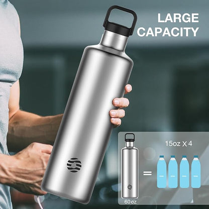 60oz Water Bottle with Carrier Bag, Large Insulated Water Bottle, Stainless Steel Water Bottles, Double Walled Insulated Thermo for Hot Drinks/Cold Drinks,Great for Gym,Hiking,Camping (Silver)