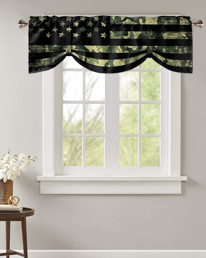Rustic Green Camo Military Pattern American Flag Blackout Tie Up Valance Curtains for Kitchen Windows Camouflage Window Toppers Balloon Shades for Living Room/Bathroom/Bedroom,1 Panel,42" X 12"