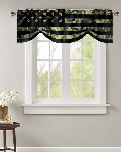 Rustic Green Camo Military Pattern American Flag Blackout Tie Up Valance Curtains for Kitchen Windows Camouflage Window Toppers Balloon Shades for Living Room/Bathroom/Bedroom,1 Panel,42" X 12"