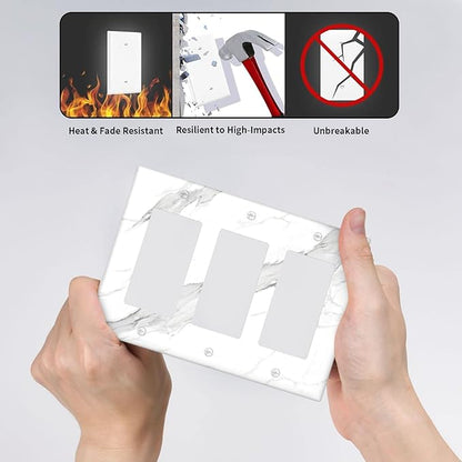 Marble Grey Wall Plate Decorative Light Switch Cover 3-Gang Triple Rocker Faceplate for Bathroom Farmhouse Bedroom Kitchen White