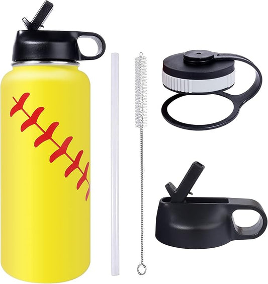 22oz Wide Mouth Softball Water Bottle with Two Lids(Straw, Handle Lid), 18/8 Stainless Steel Vacuum Insulated for Travel & Sport Cup. (Softball Yellow, 22oz)