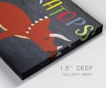 Renditions Gallery Canvas Animal Wall Art Modern Decorations Paintings Colorful Playful Triceratops Vibrant Dinosaur Canvas Wall Hanging Artwork for Kids Bedroom Nursery - 18"x27" LT33