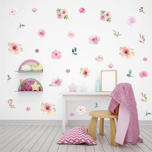 Pink Flower Wall Decals - Flower Peel and Stick Wall Stickers Vinyl Peony Floral Wall Stickers Pastel Flower Decor for Girls Bedroom Nursery Classroom Living Room (Pink Flower)