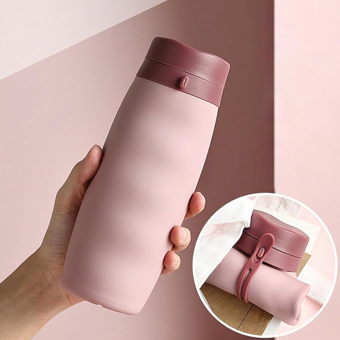 Premium Collapsible Silicone Water Bottle - 600ML, BPA-Free, Medical Grade, Leak Proof, Foldable ,Roll-Up Portable Sports & Outdoor Water Jug - 20oz Travel-Friendly, Reusable Drinking Bottle (Pink)
