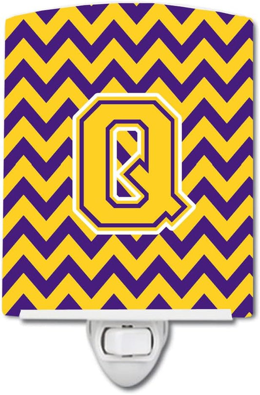Caroline's Treasures CJ1041-QCNL Letter Q Chevron Purple and Gold Ceramic Night Light Compact, UL-Certified, Ideal for Bedroom, Bathroom, Nursery, Hallway, Kitchen, 6x4x3, Multicolor
