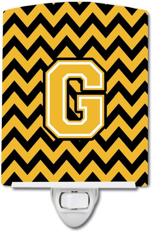 Caroline's Treasures CJ1053-GCNL Letter G Chevron Black and Gold Ceramic Night Light Compact, UL-Certified, Ideal for Bedroom, Bathroom, Nursery, Hallway, Kitchen, 6x4x3, Multicolor