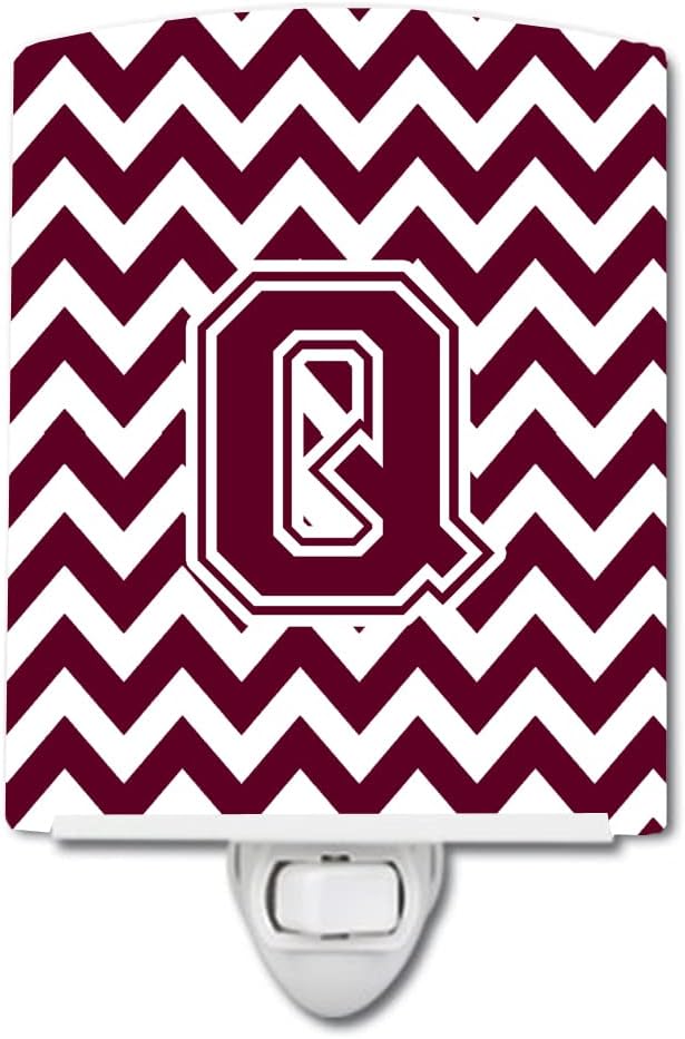 Caroline's Treasures CJ1051-QCNL Letter Q Chevron Maroon and White Ceramic Night Light Compact, UL-Certified, Ideal for Bedroom, Bathroom, Nursery, Hallway, Kitchen, 6x4x3, Multicolor