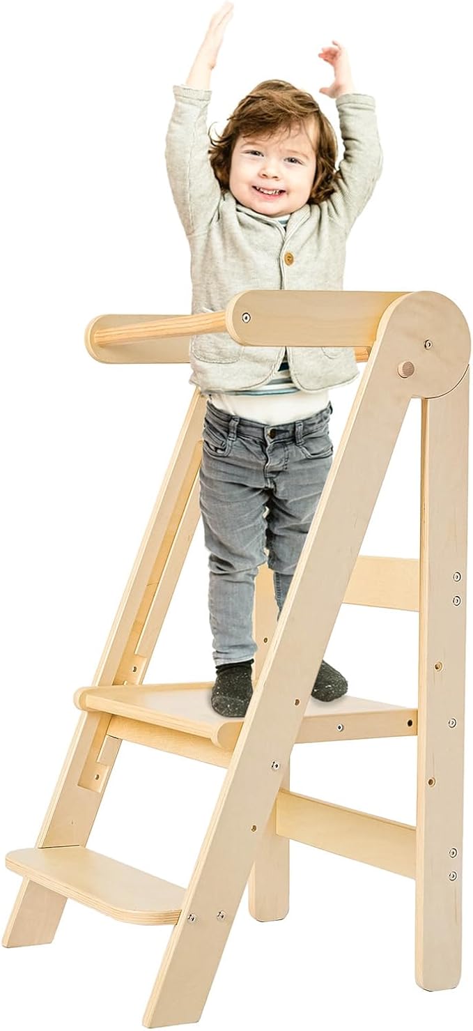 Kids Step Stool, Toddler Learning Tower, Easy Folding, Safety Rail with Lock, 3-Level Height Adjustable