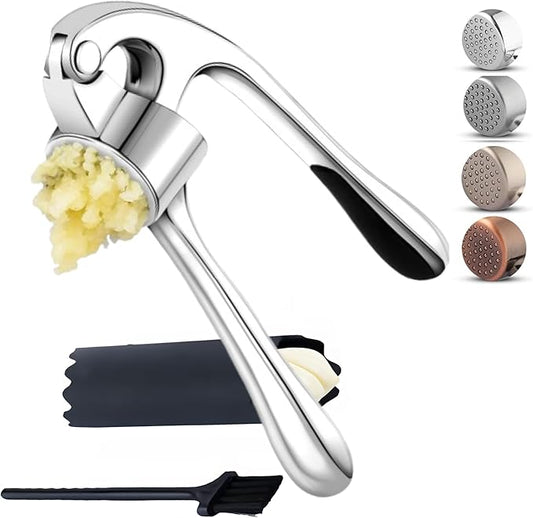 Premium Garlic Press, Heavy Duty Garlic Mincer Tool, Easily Crush Garlic, Ginger, Nuts, Seeds, Ergonomic Handle Garlic Press Stainless Steel, Garlic Masher, Silicone Peeler & Brush, Kitchen Gadgets