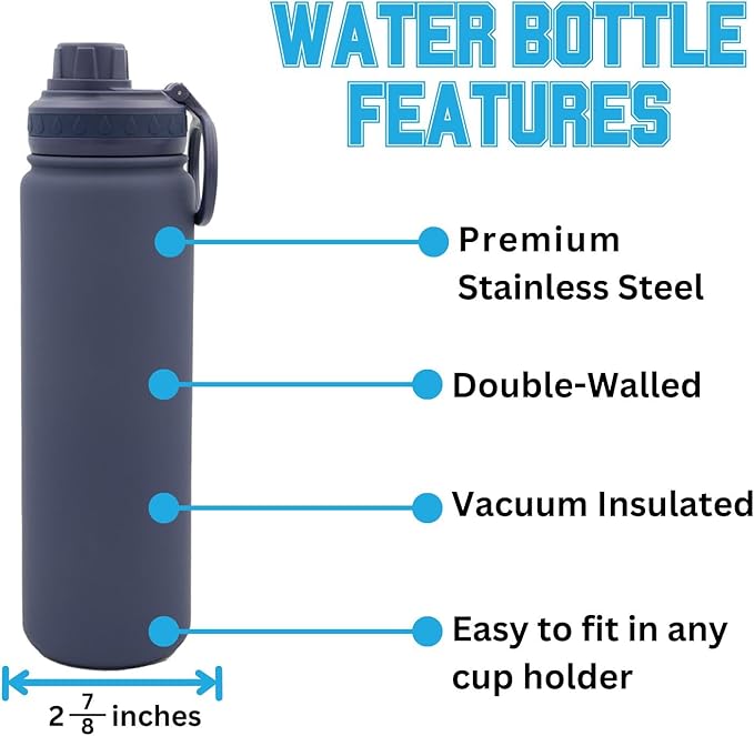 Aubrun University Water Bottle - Navy Blue Double Walled Stainless Steel 24 oz Keeps Drinks Cold or Hot