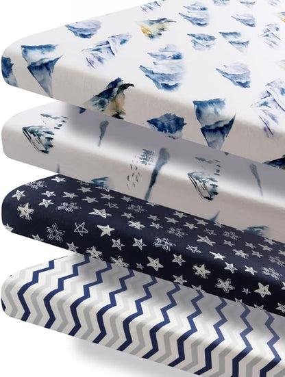 4 Pack Fitted Pack N Play Sheets for Baby Boys Neutral Unisex Breathable Soft Toddler Mini Crib Sheets for Pack and Play Mattress (Mountain)